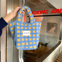 Soft Waffle Plaid Tote Bag Lambswool Shoulder Bag For Women