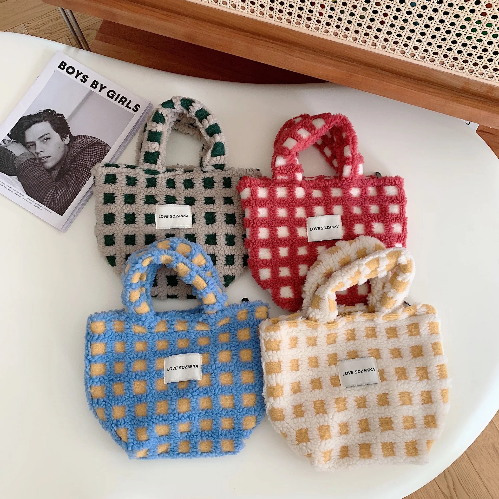 Soft Waffle Plaid Tote Bag Lambswool Shoulder Bag For Women
