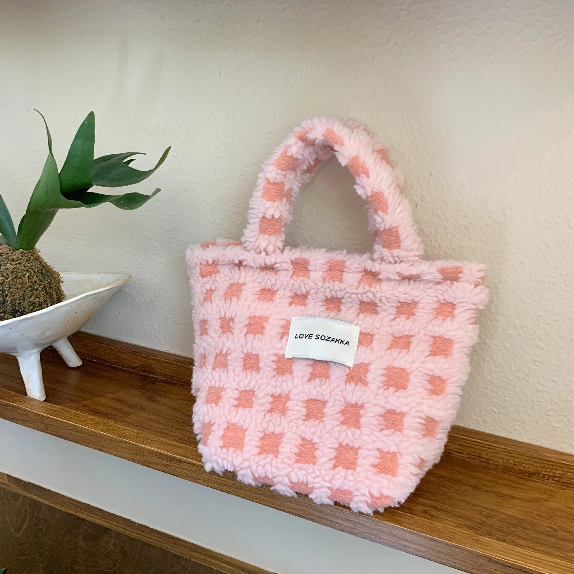 Soft Waffle Plaid Tote Bag Lambswool Shoulder Bag For Women