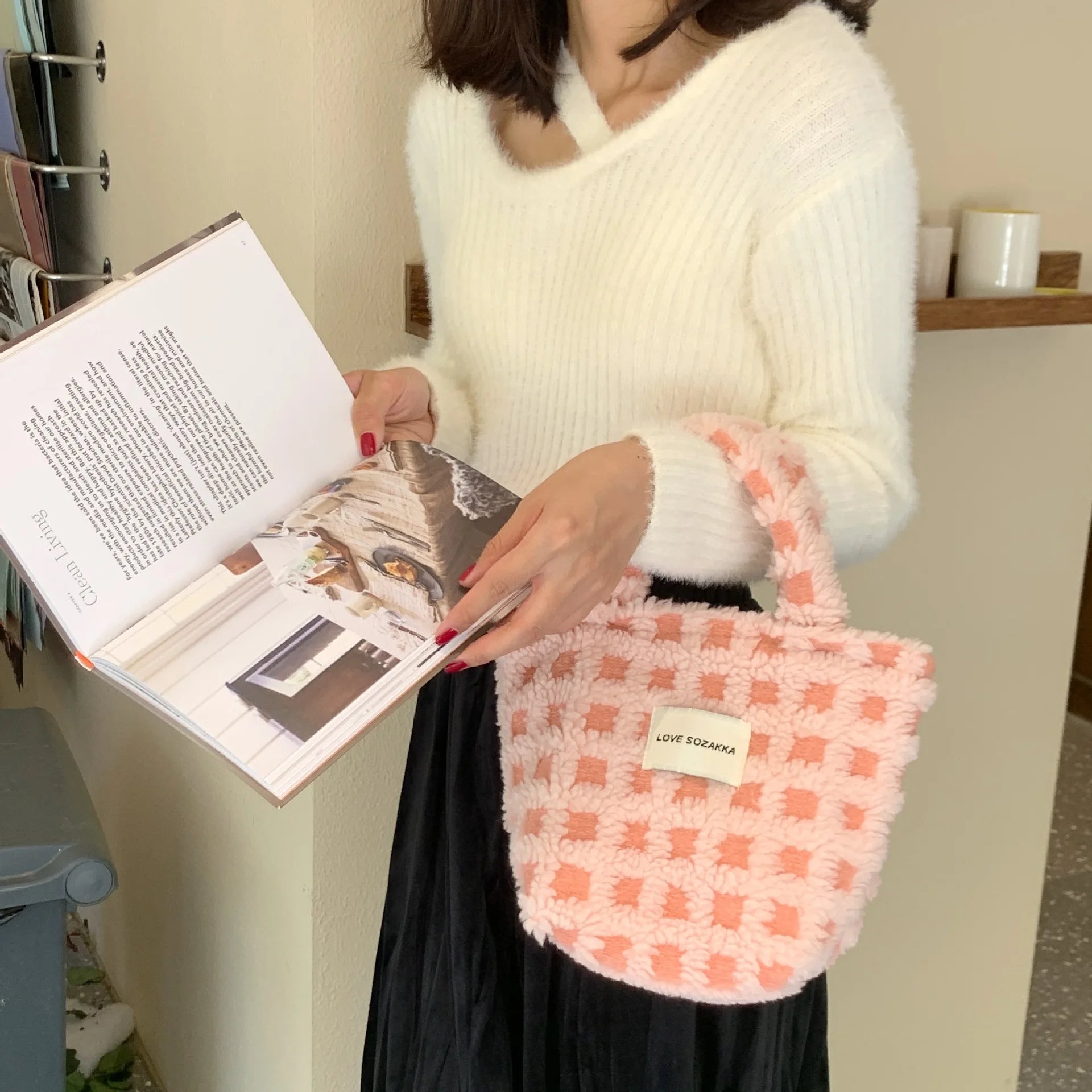 Soft Waffle Plaid Tote Bag Lambswool Shoulder Bag For Women
