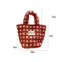 Soft Waffle Plaid Tote Bag Lambswool Shoulder Bag For Women