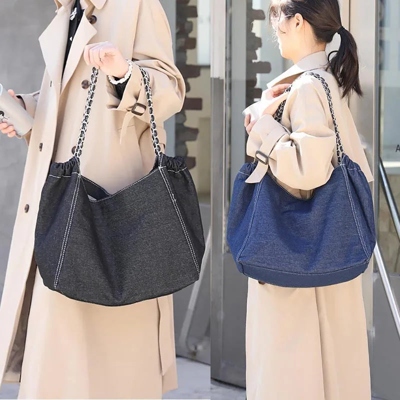 Wahyah Denim Shoulder Hand Bag for Woman Large Capacity Cowboy Casual Jeans Bags