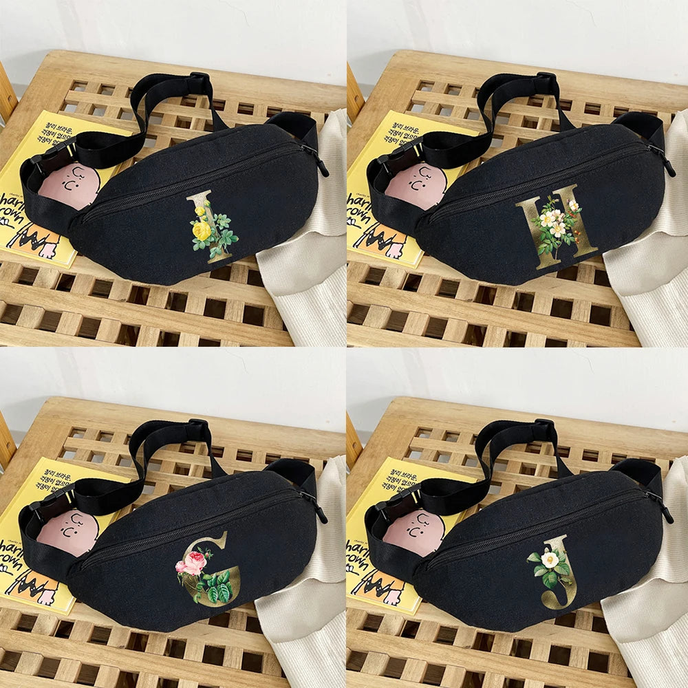 Canvas Fanny Pack Multifunctional Waist Bag Letter Golden Flower Print