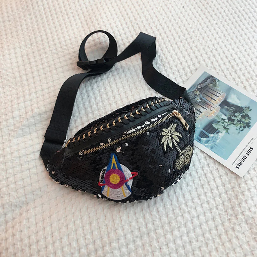 Glitter Sequin Waist Bag Female Belt Pu Waterproof Chest Handbag Fanny Pack