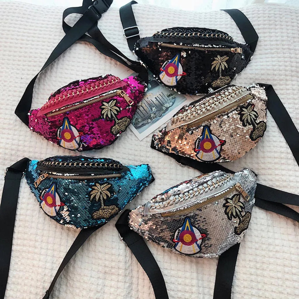 Glitter Sequin Waist Bag Female Belt Pu Waterproof Chest Handbag Fanny Pack
