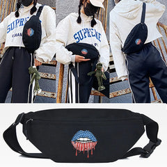 Flag Lip Print Chest Pack Large Phone Bag Pouch Women Canvas Travel Fanny Bag
