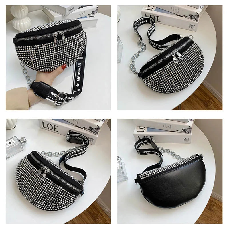 Multifunction Waist Bag Women Chain Shoulder Messenger Bag Full Diamond Purse