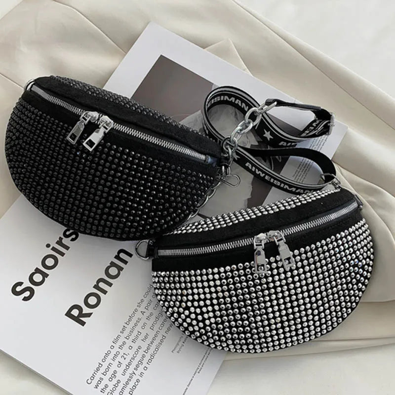 Multifunction Waist Bag Women Chain Shoulder Messenger Bag Full Diamond Purse