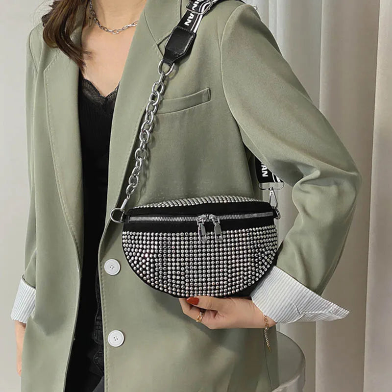 Multifunction Waist Bag Women Chain Shoulder Messenger Bag Full Diamond Purse
