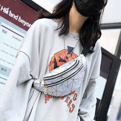 Pink Silver Waist Bags Women Fanny Pack Geometric Laser Chest