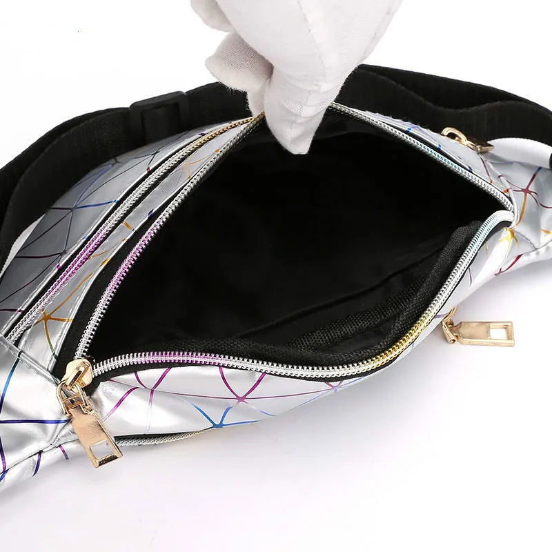 Pink Silver Waist Bags Women Fanny Pack Geometric Laser Chest