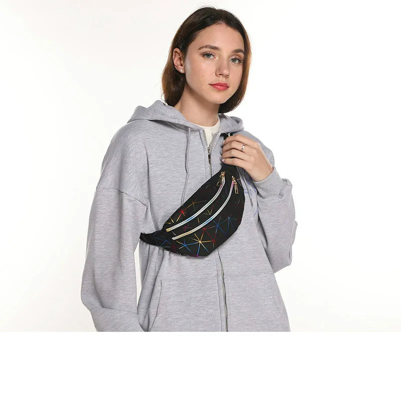 Pink Silver Waist Bags Women Fanny Pack Geometric Laser Chest