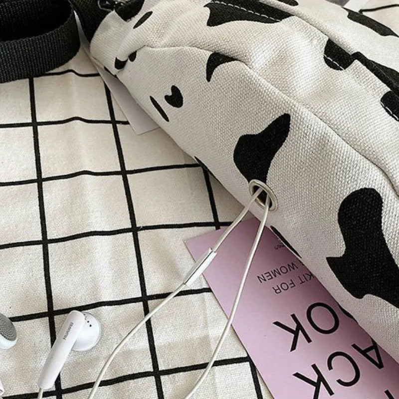 Fashionable Milk Cow Pattern Women Handbags Canvas Harajuku Casual