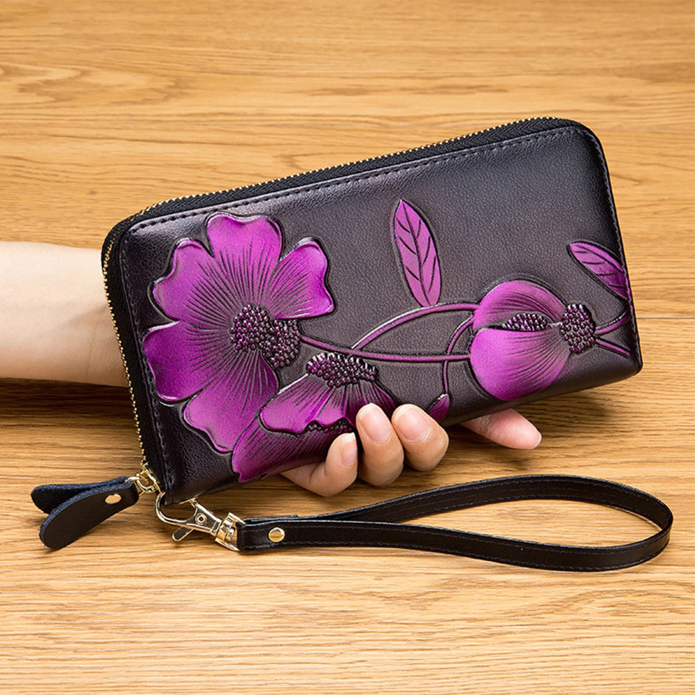 Floral Pattern Women Wallet Long Purse Purple Pocket Long Purse Wallet