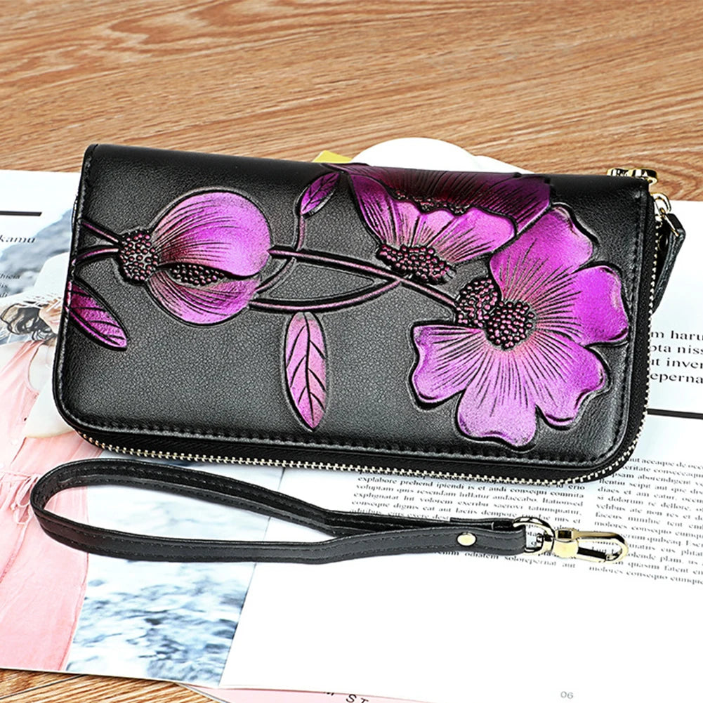 Floral Pattern Women Wallet Long Purse Purple Pocket Long Purse Wallet