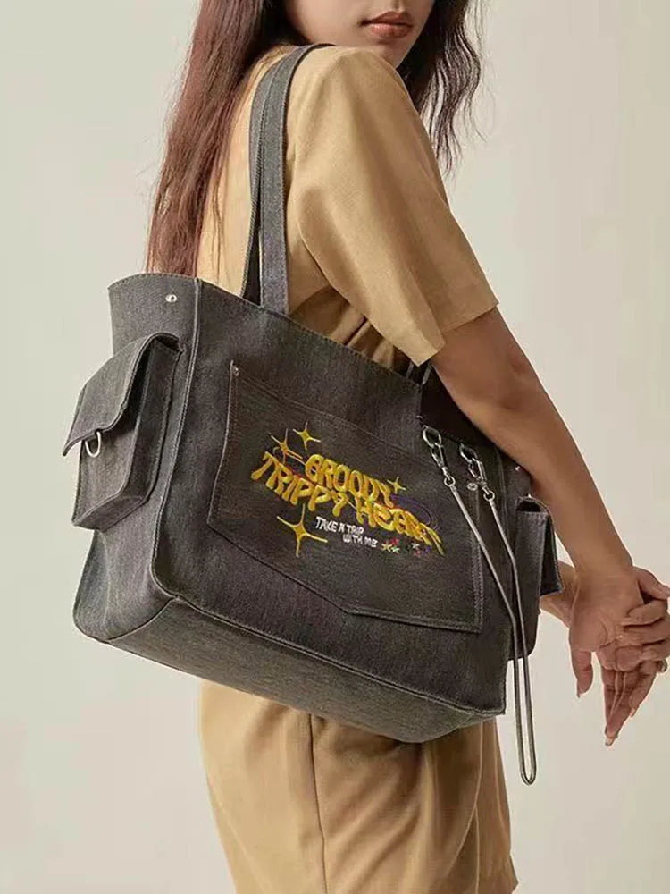 Embroidered Letters Shoulder Bag Large Capacity Shopper Tote