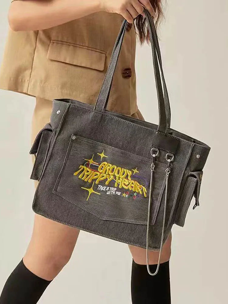 Embroidered Letters Shoulder Bag Large Capacity Shopper Tote