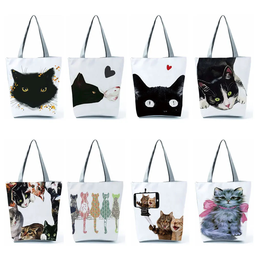 Watercolor Cat Print Tote Bag - Womens Reusable Shopping Handbag