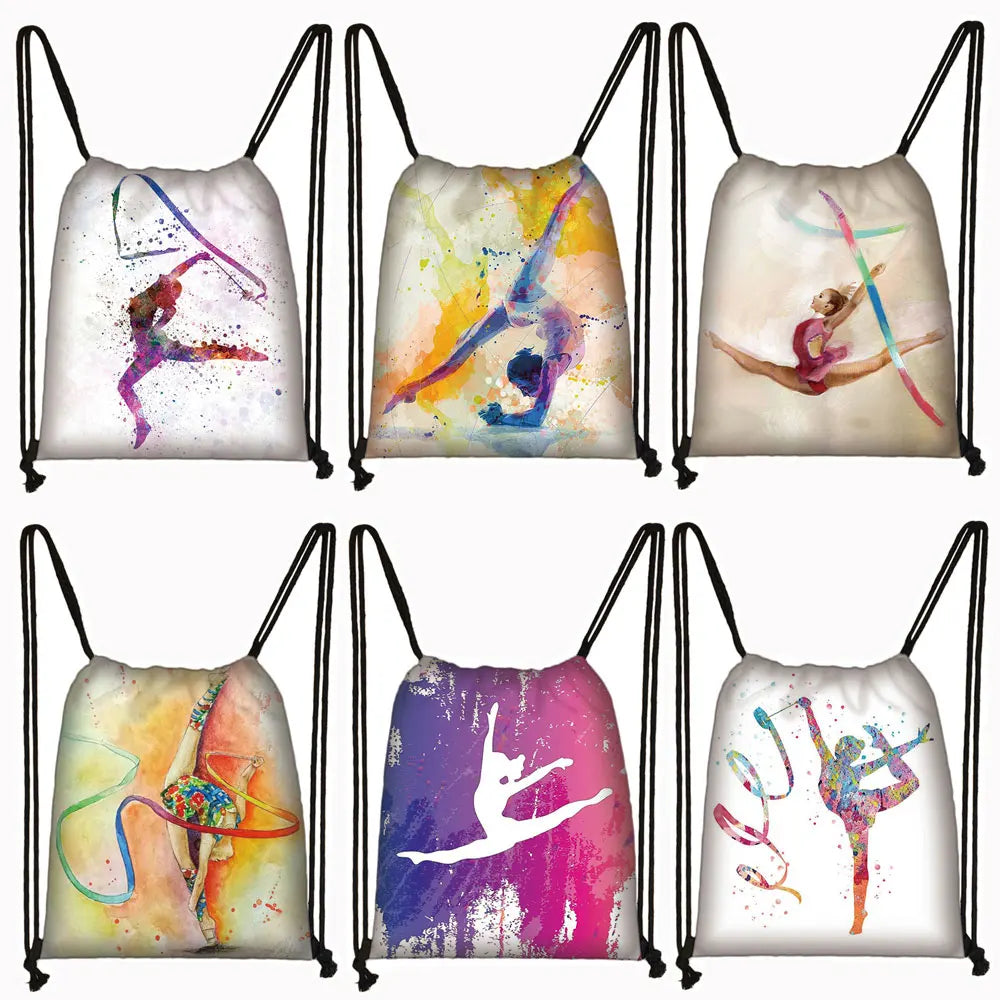 Watercolor Gymnastics Art Print Drawstring Backpack Women Girls Daypack