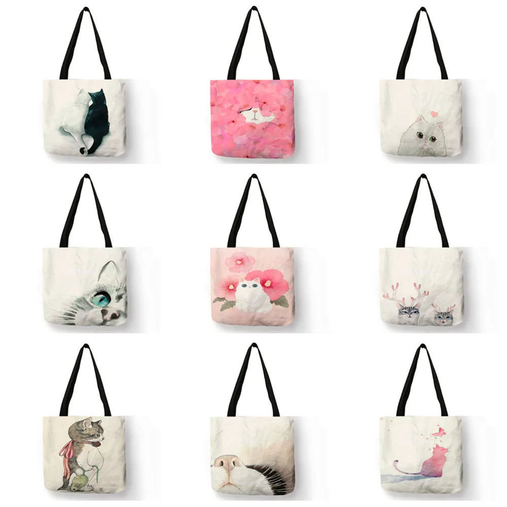 Floral Cat Print Tote Bag Watercolor Hand Painted Shoulder Bag