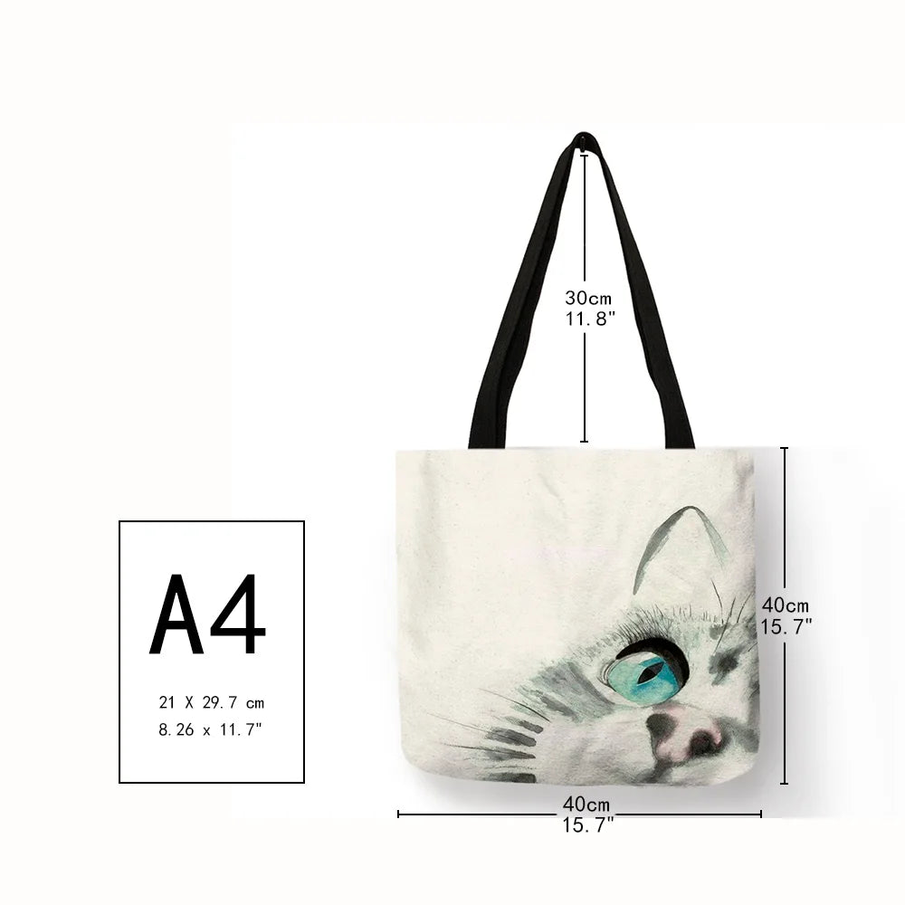 Floral Cat Print Tote Bag Watercolor Hand Painted Shoulder Bag
