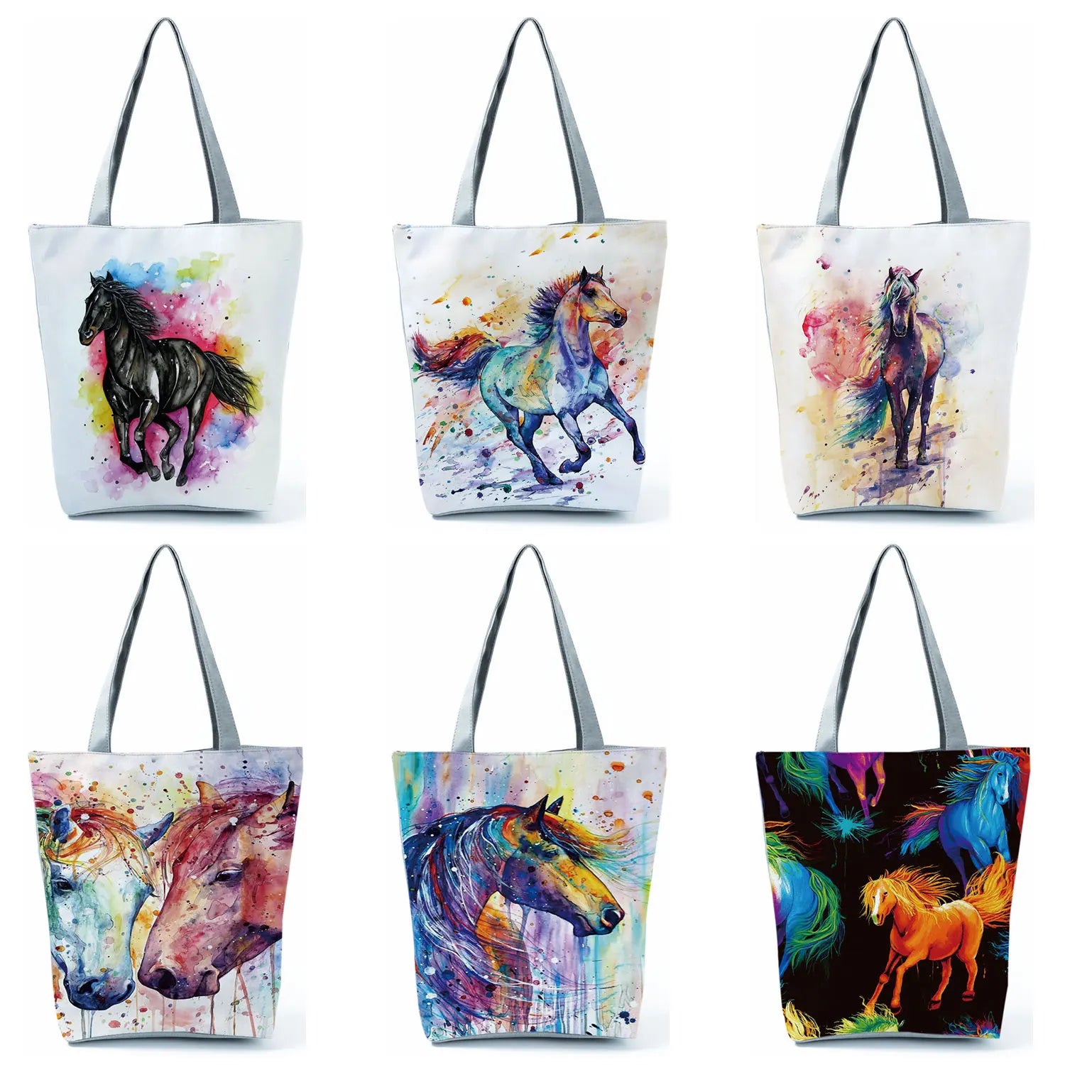 Watercolor Horse Print Handbag Women Animal Reusable Travel Shoulder Bag