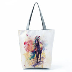 Watercolor Horse Print Handbag Women Animal Reusable Travel Shoulder Bag