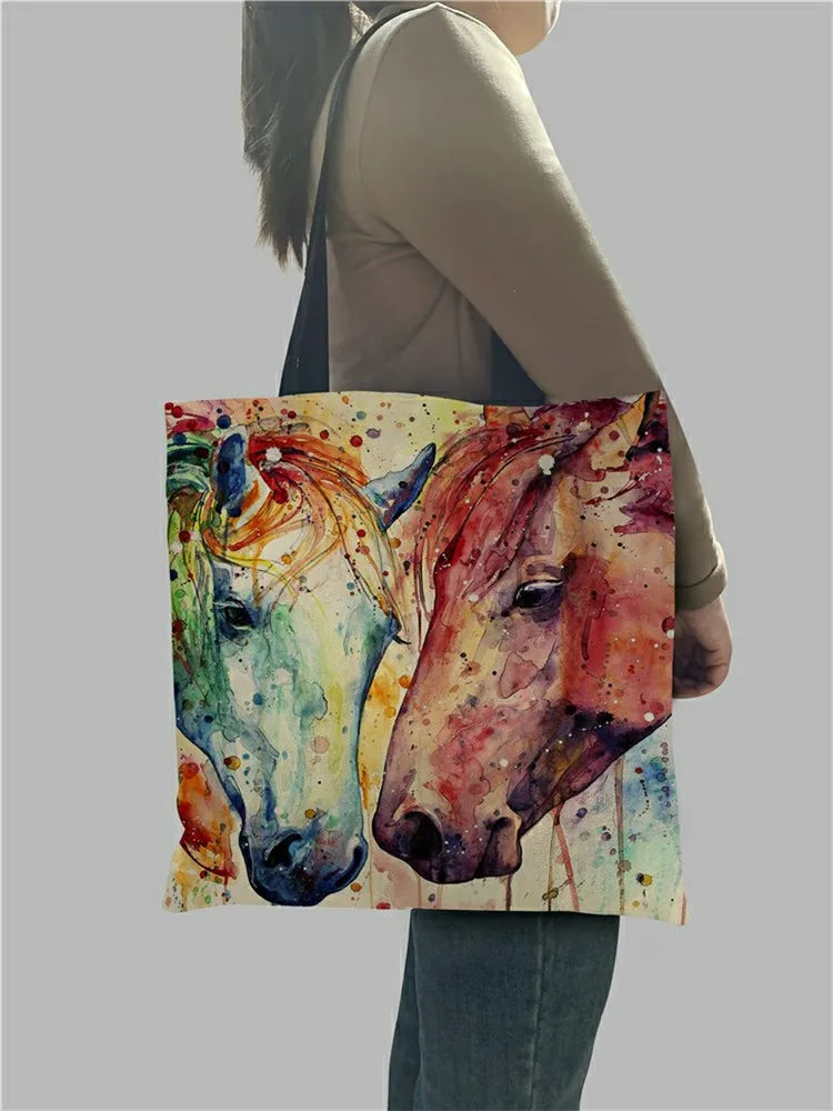 Watercolor Horse Print Linen Shopping Bag Tote Reusable