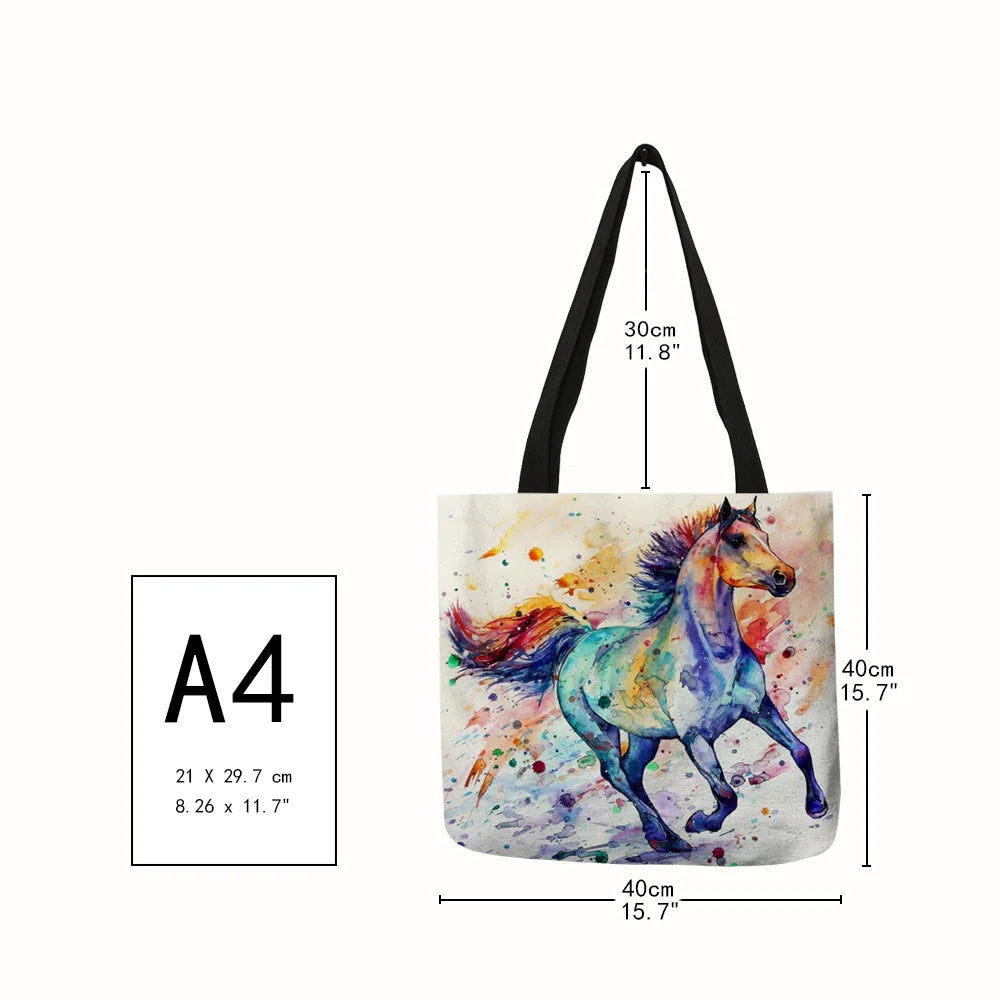 Watercolor Horse Print Linen Shopping Bag Tote Reusable