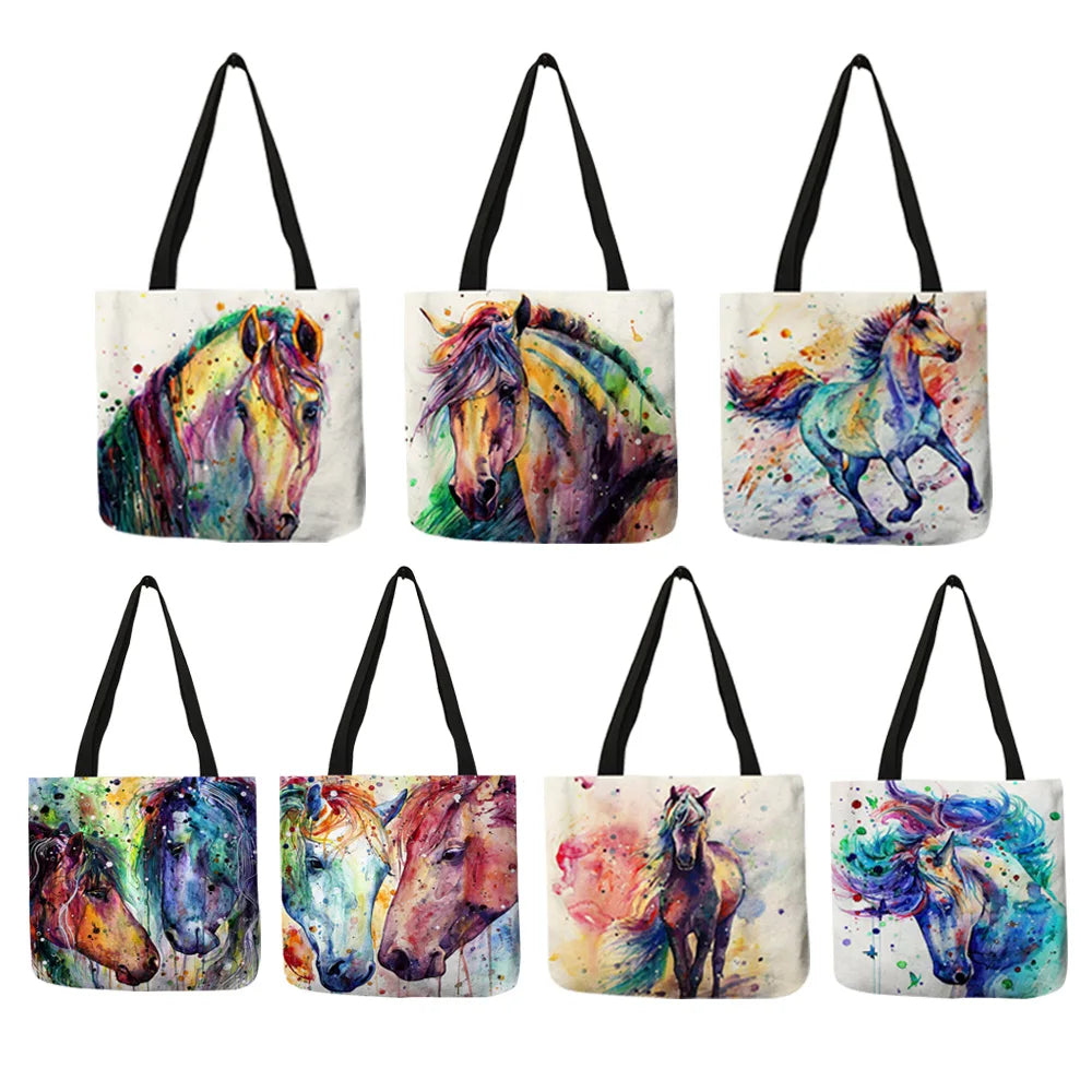 Watercolor Horse Print Linen Shopping Bag Tote Reusable