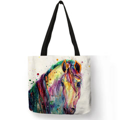 Watercolor Horse Print Linen Shopping Bag Tote Reusable