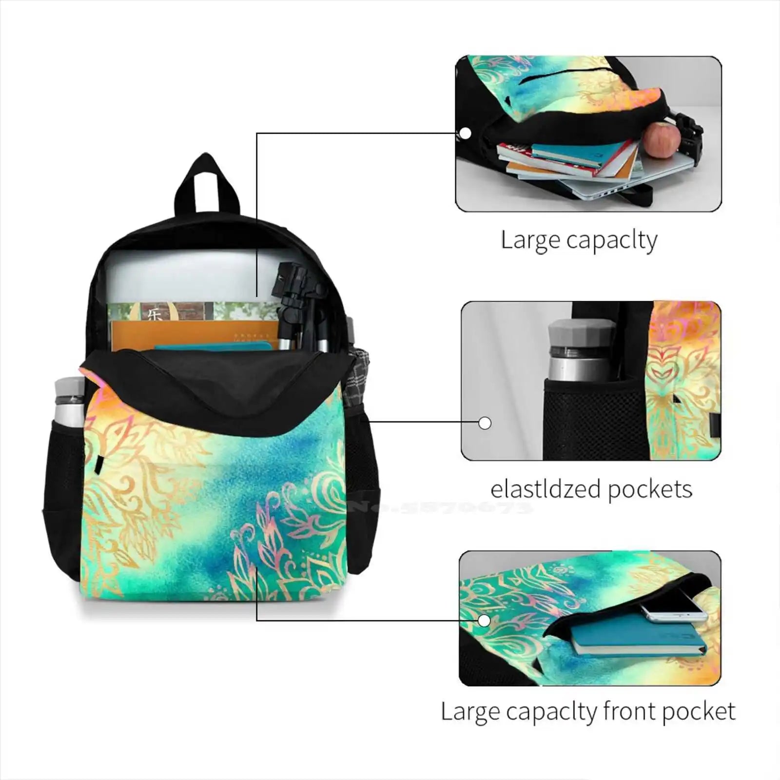 Watercolor Wonderland Backpacks Orange Teal Pink Purple Green Cream