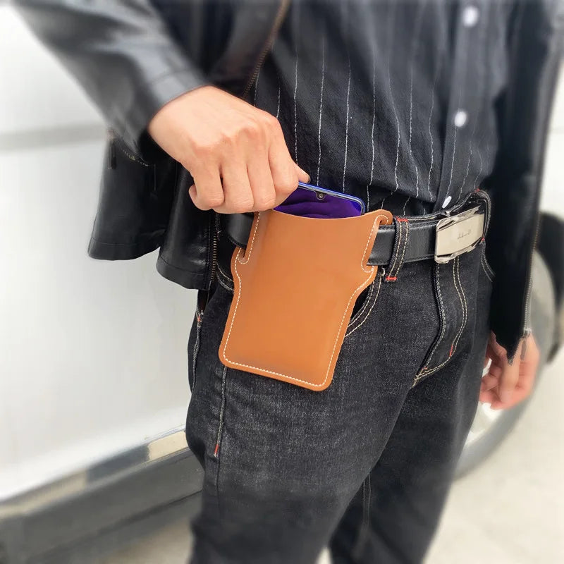 Waterproof Man Waist Bag Retro Leather Mobile Carrier Belt Pouch