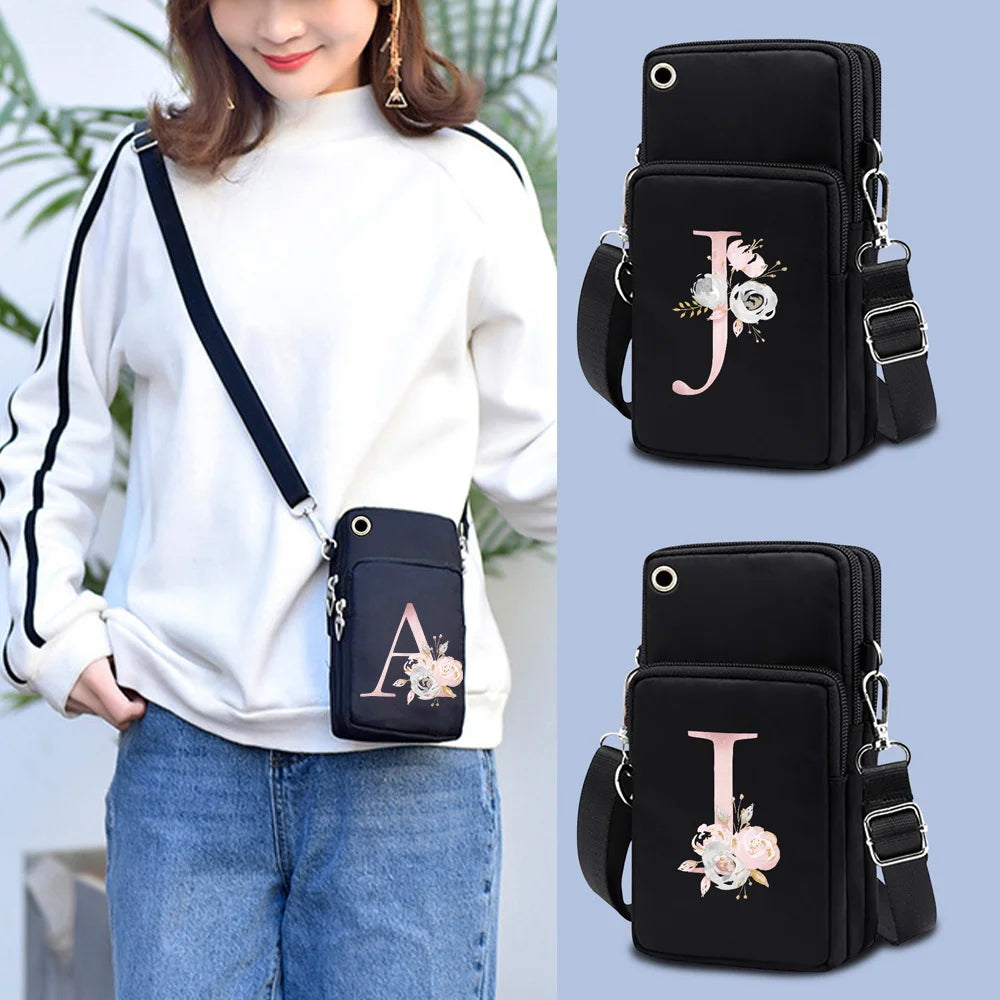Pink Flower 26 Letters Waterproof Phone Bag for iPhone/Huawei/Xiaomi/Samsung