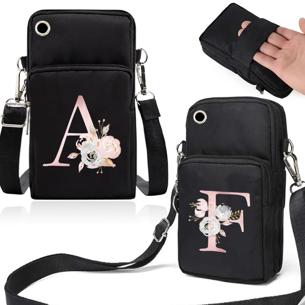 Waterproof Shoulder Bag for Universal Phones Pink Flower 26 Letters Case Women