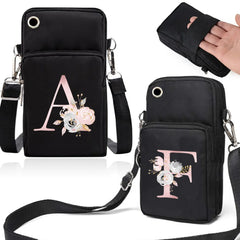 Waterproof Shoulder Bag for Universal Phones Pink Flower 26 Letters Case Women