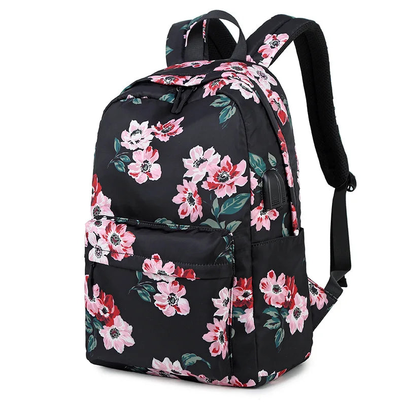 Waterproof Floral School Backpack Girls Bookbag with USB Charging Port