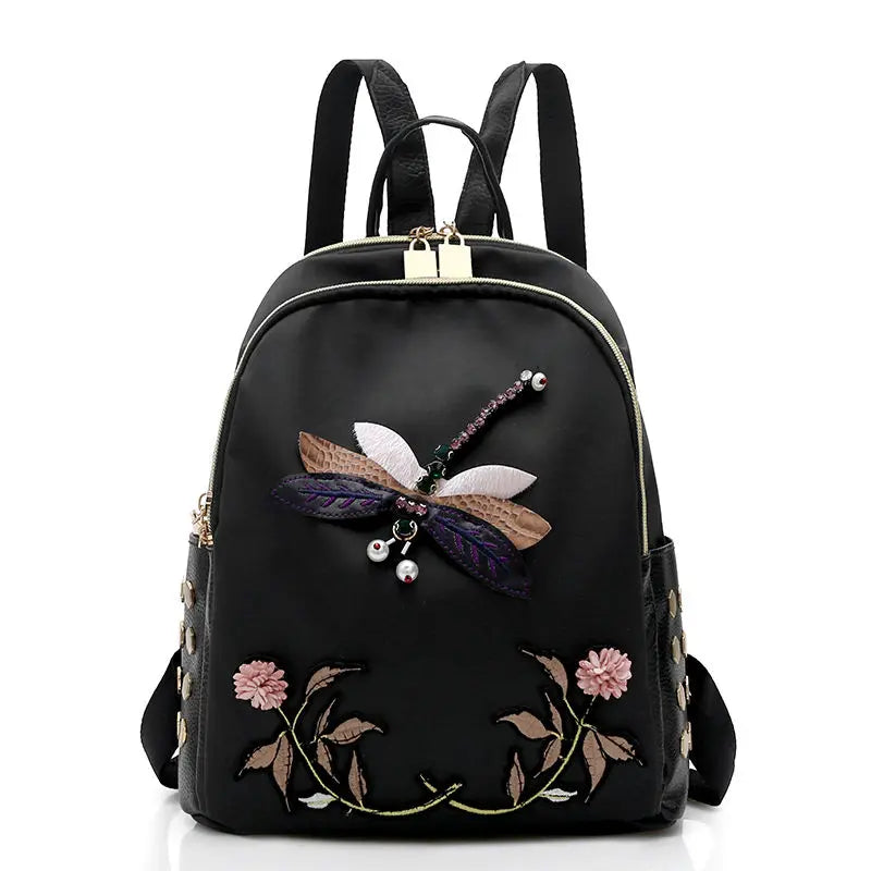 Dragonfly Flower Embroidered Backpack Waterproof School Bag