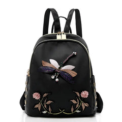 Dragonfly Flower Embroidered Backpack Waterproof School Bag
