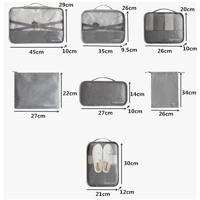Waterproof Travel Tote System 7Pcs Packing Cube Unisex Clothing Sorting
