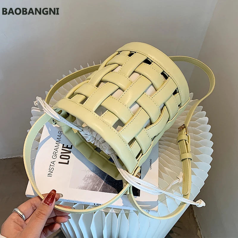 Weave Tote Bucket Bag Summer High-quality PU Leather Women's Handbag