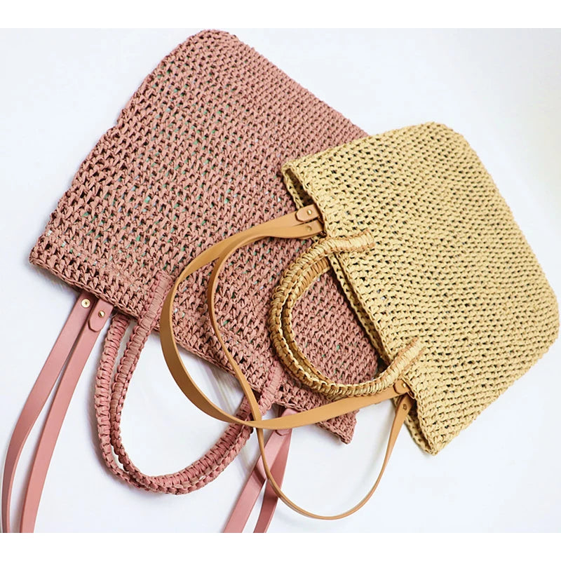 Hollow Paper Straw Shoulder Bag Beach Tote for Women