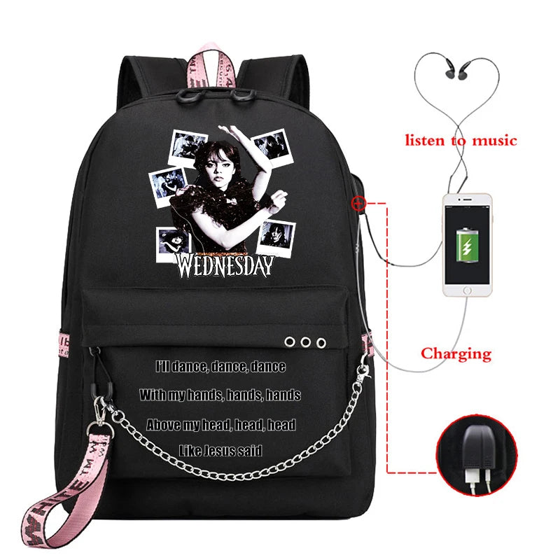 Wednesday Addams School Backpack for Teenager Girls with USB Port