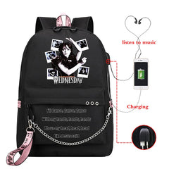 Wednesday Addams School Backpack for Teenager Girls with USB Port