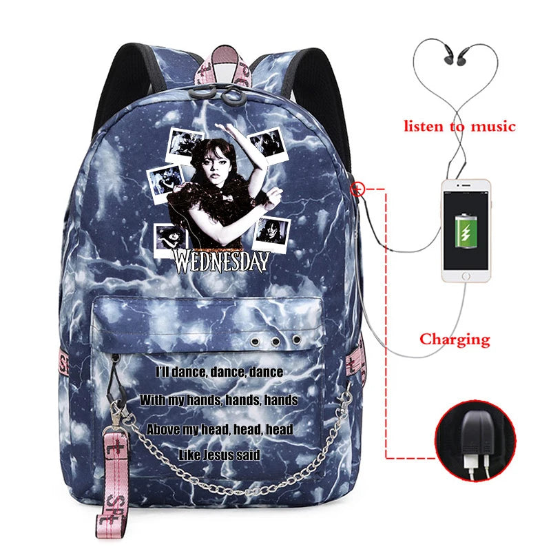 Wednesday Addams School Backpack for Teenager Girls with USB Port