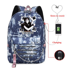 Wednesday Addams School Backpack for Teenager Girls with USB Port
