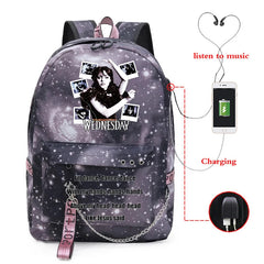 Wednesday Addams School Backpack for Teenager Girls with USB Port