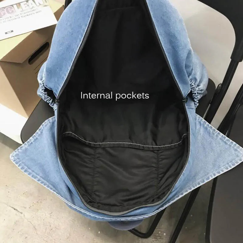 Personality Denim Backpack Women Schoolbag Casual Bag Travel Jean Solid