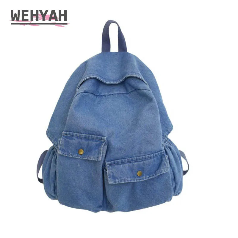 Personality Denim Backpack Women Schoolbag Casual Bag Travel Jean Solid