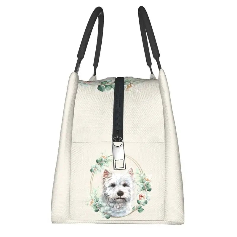 Westie Dog in Floral Wreath Lunch Bag Insulated Cooler Thermal Bento